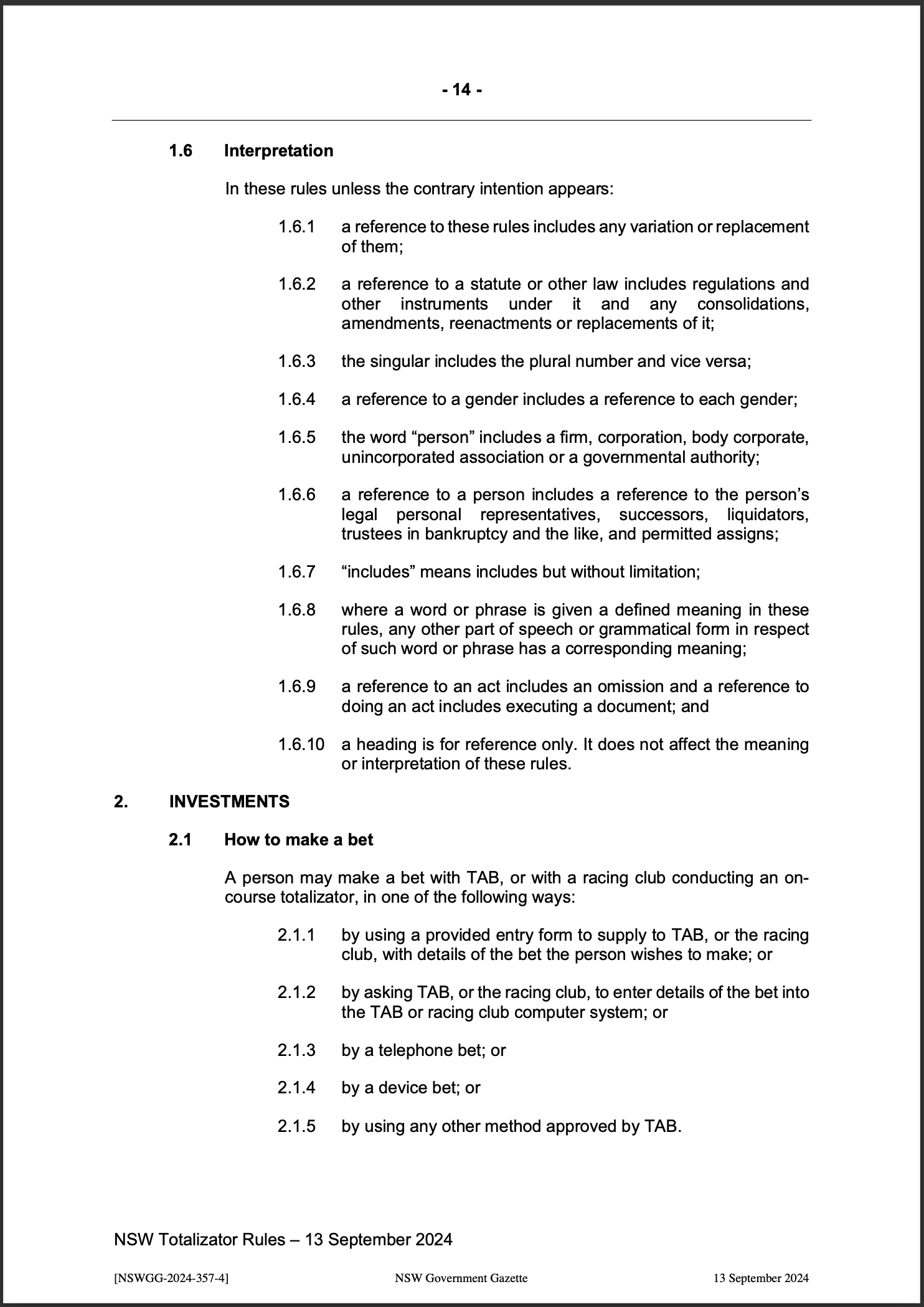NSW Totalizator Betting Rules (Racing)