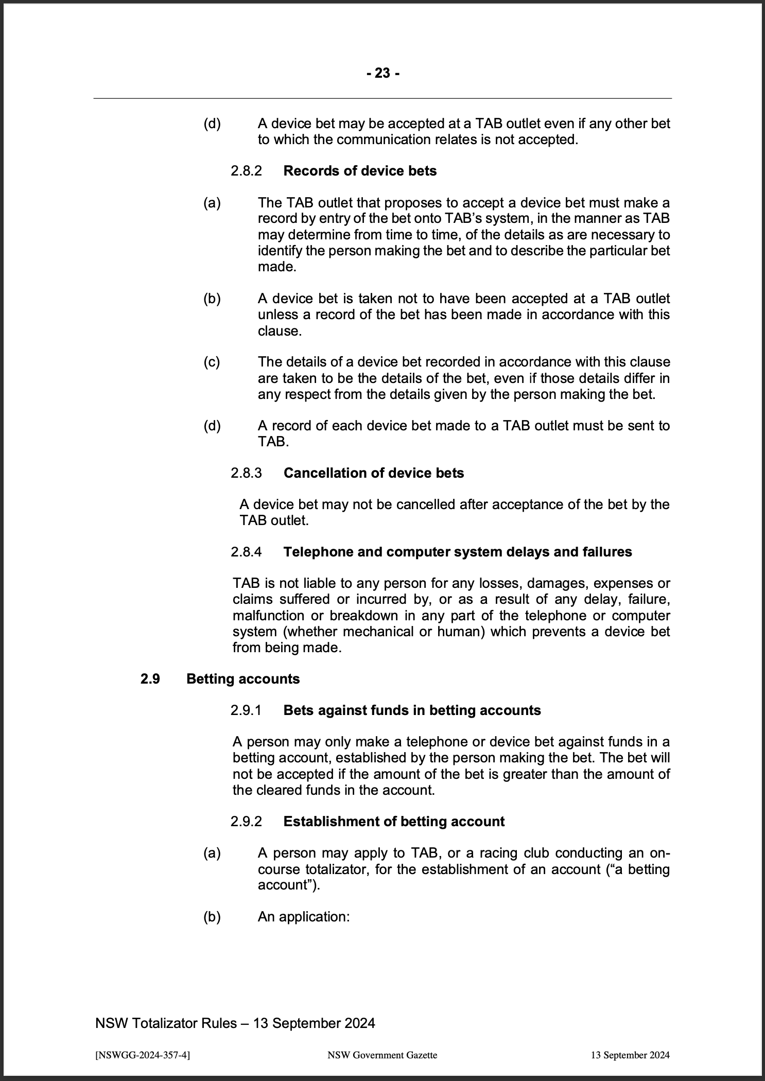NSW Totalizator Betting Rules (Racing)