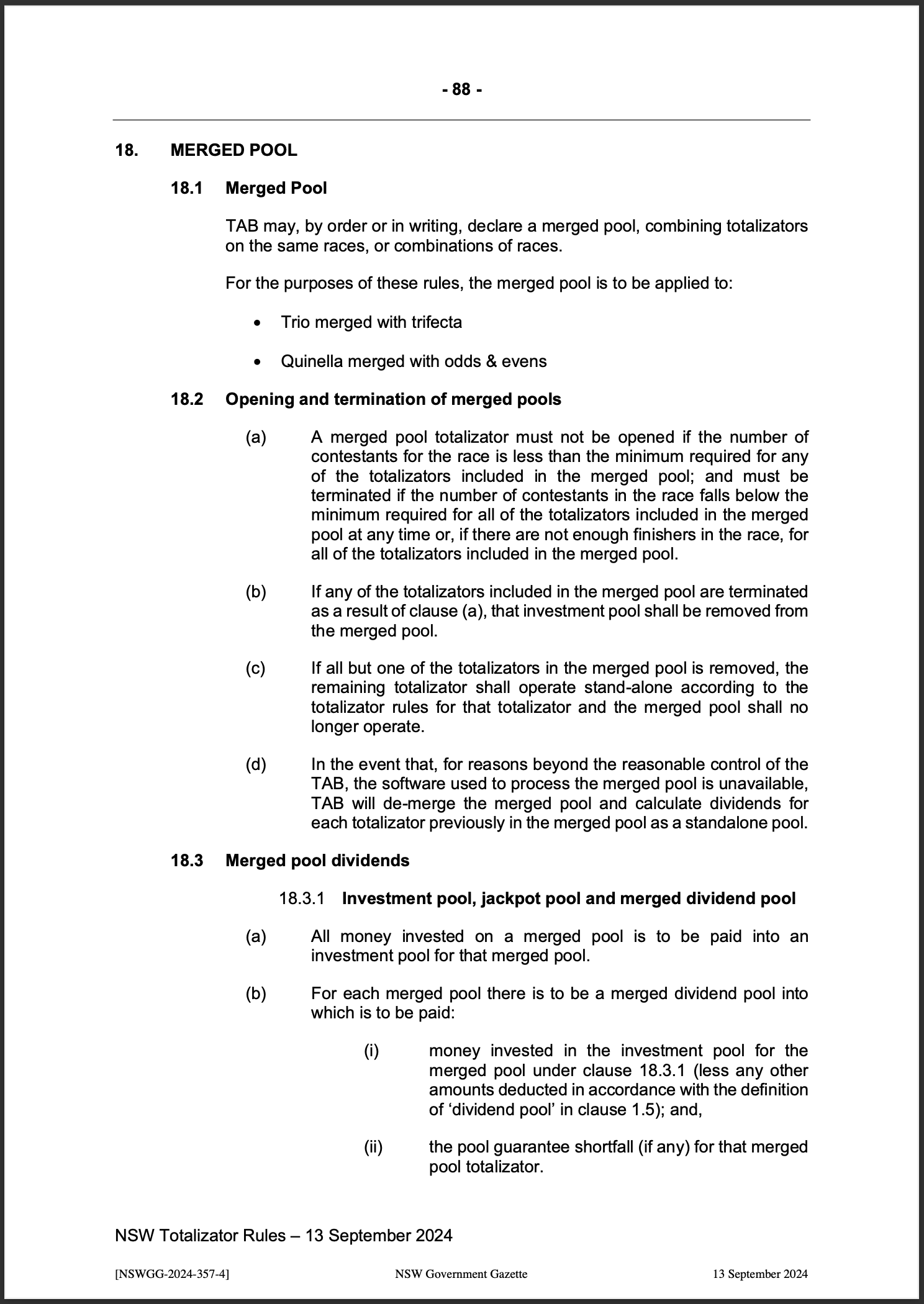 NSW Totalizator Betting Rules (Racing)