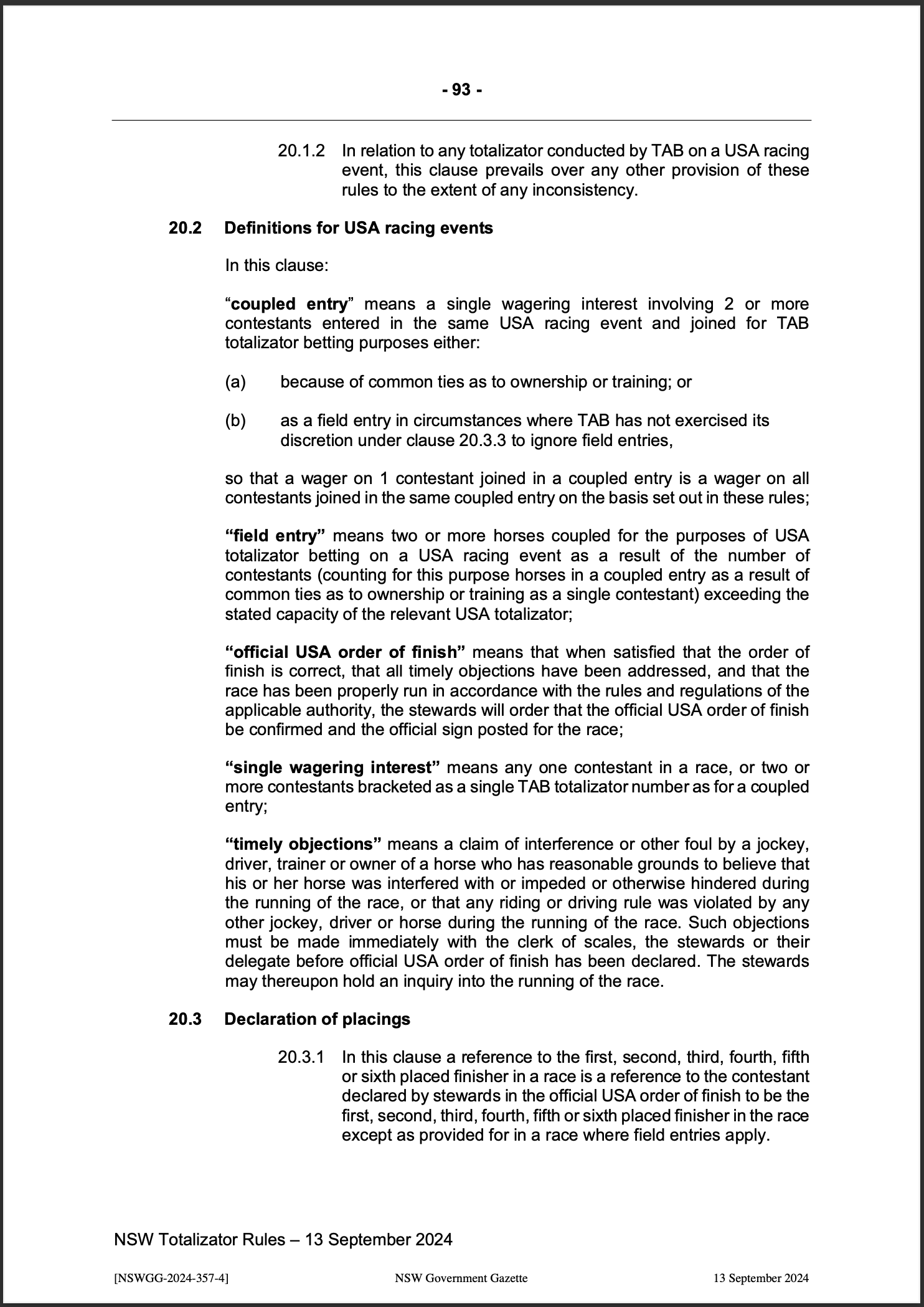 NSW Totalizator Betting Rules (Racing)