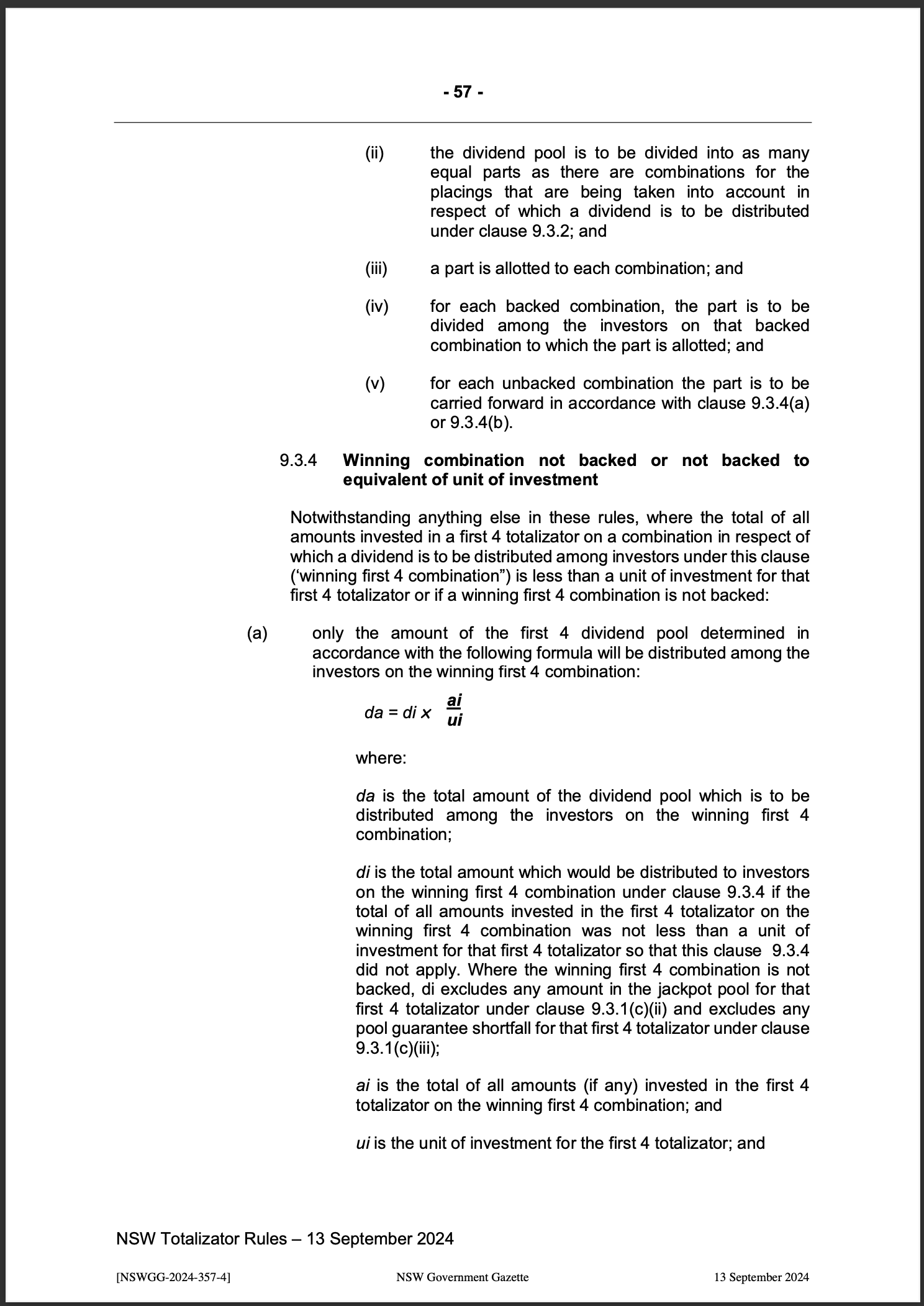 NSW Totalizator Betting Rules (Racing)