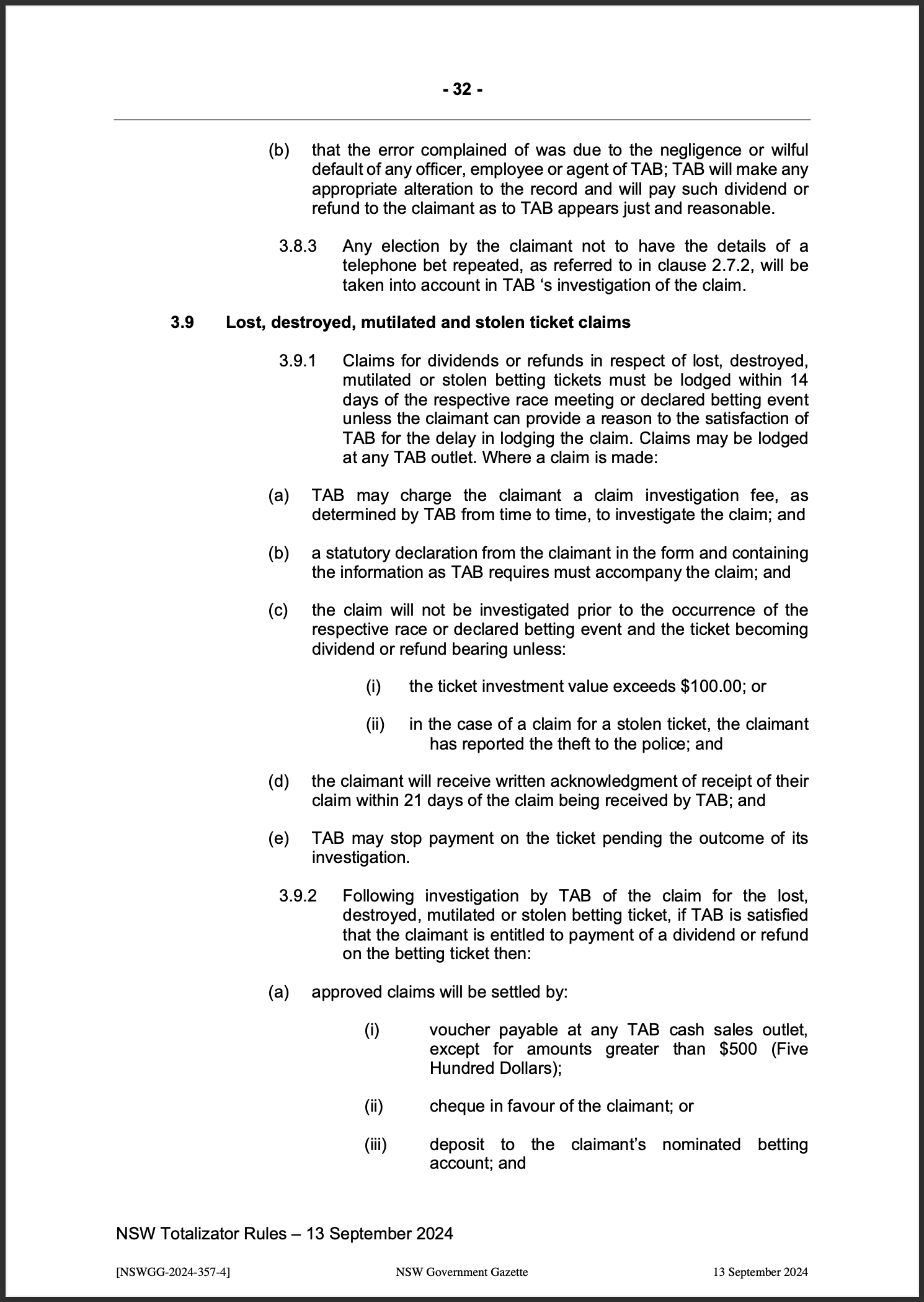 NSW Totalizator Betting Rules (Racing)