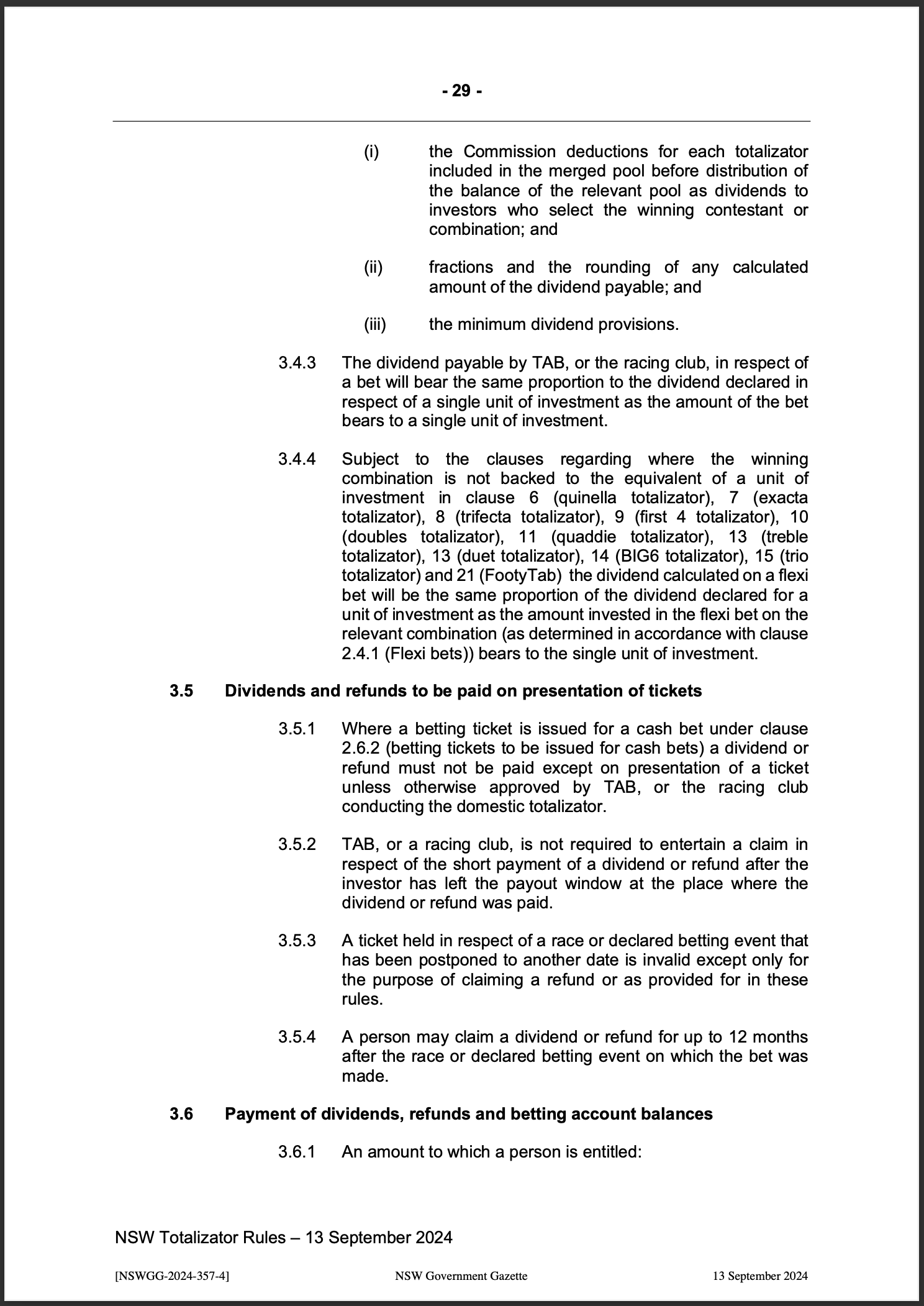 NSW Totalizator Betting Rules (Racing)