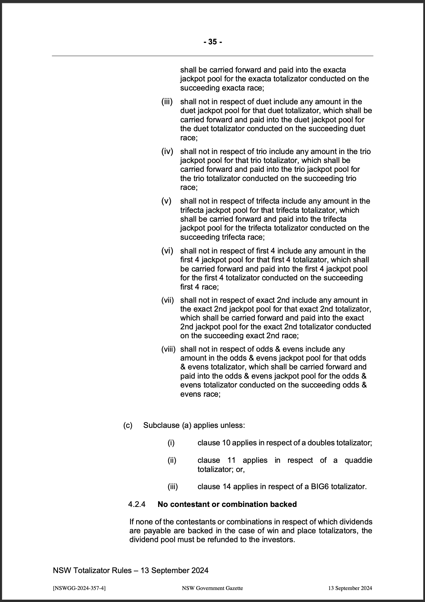 NSW Totalizator Betting Rules (Racing)