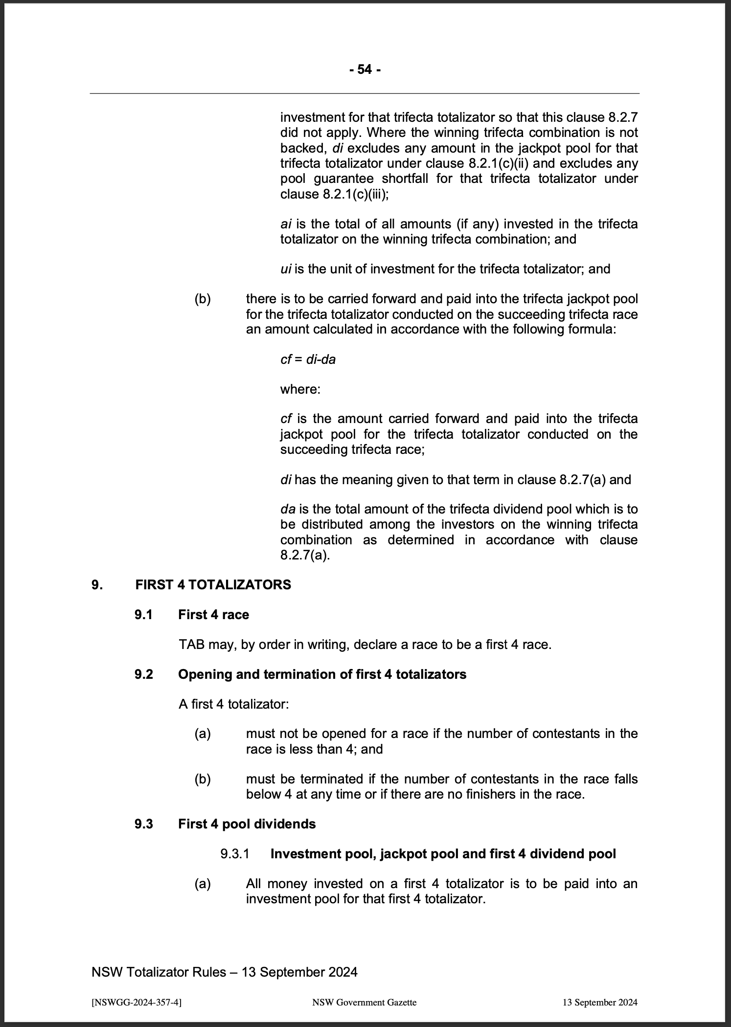 NSW Totalizator Betting Rules (Racing)
