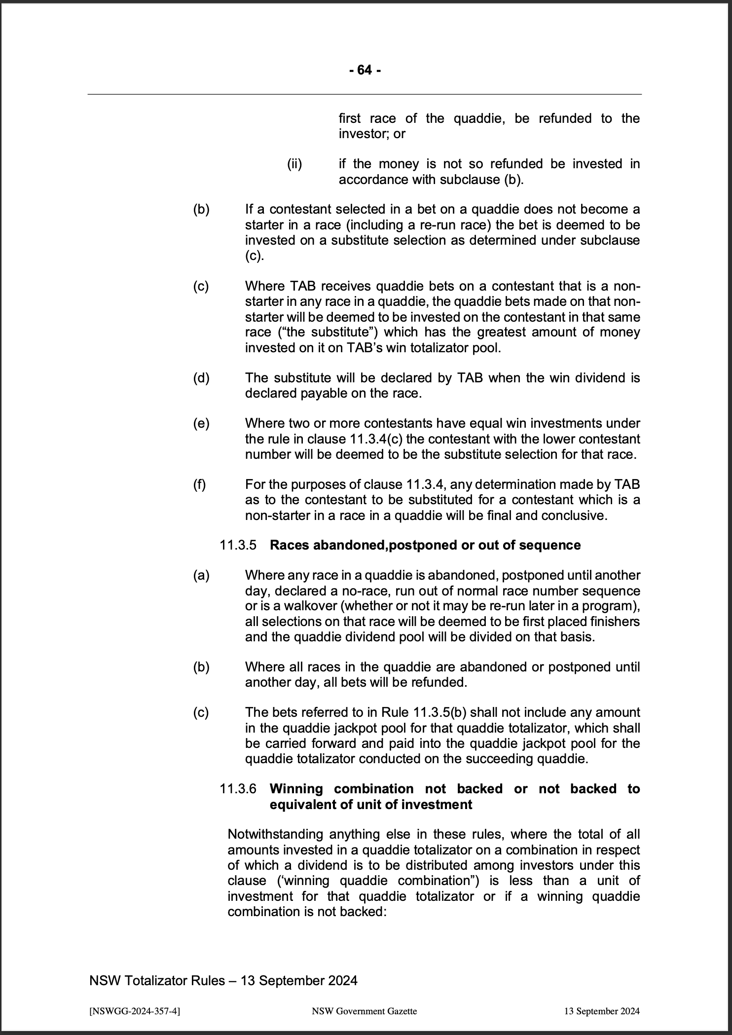 NSW Totalizator Betting Rules (Racing)