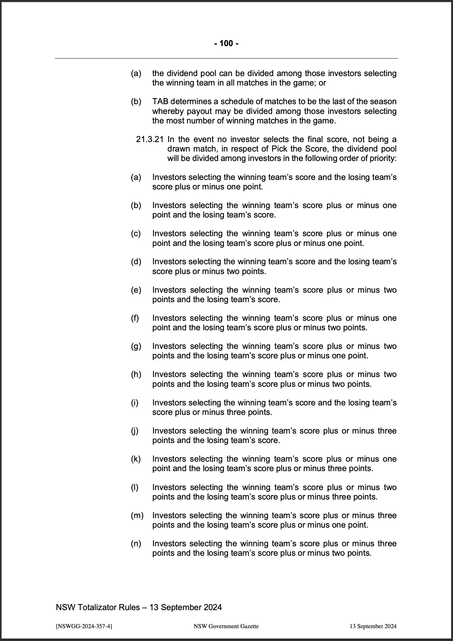 NSW Totalizator Betting Rules (Racing)