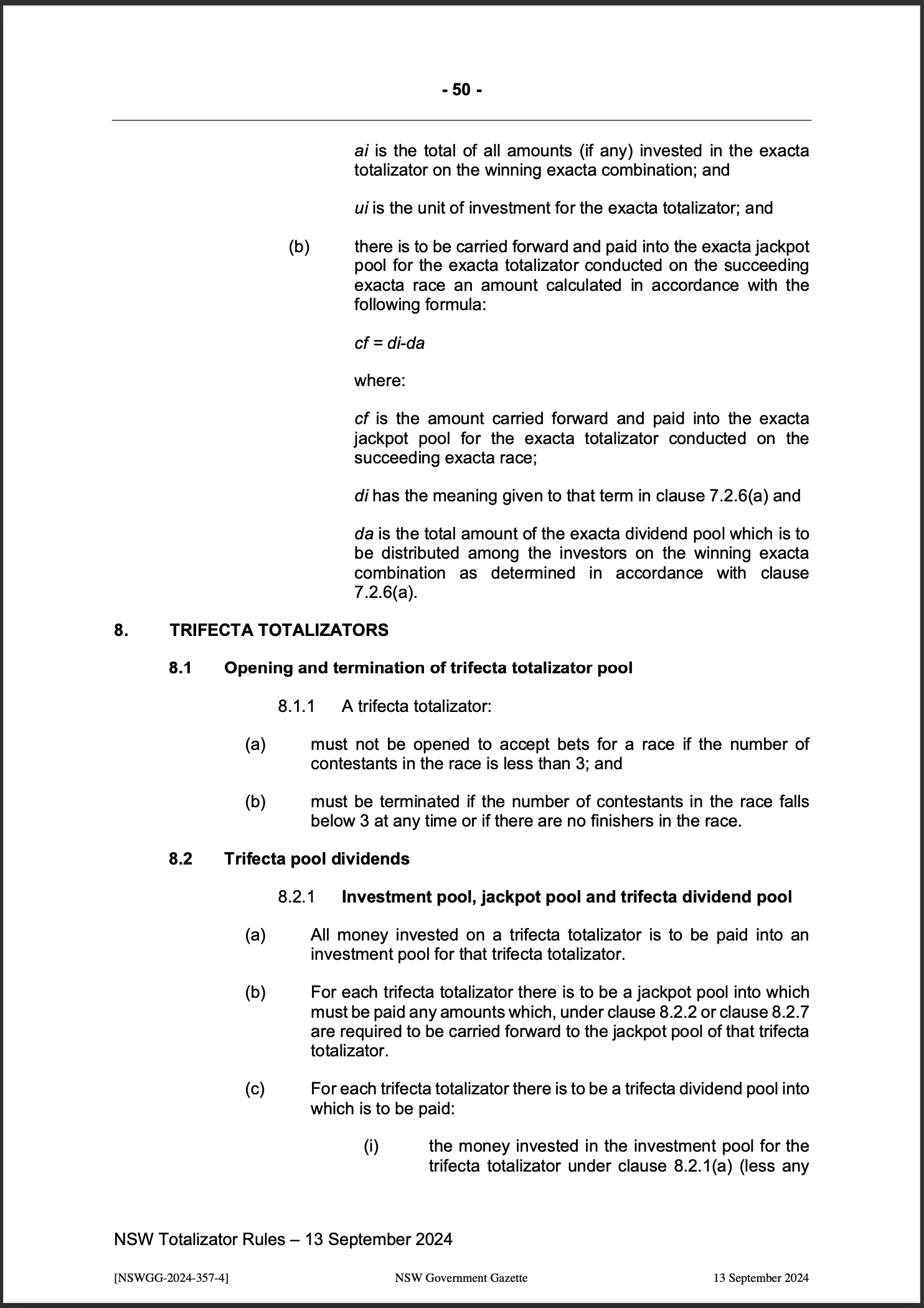 NSW Totalizator Betting Rules (Racing)