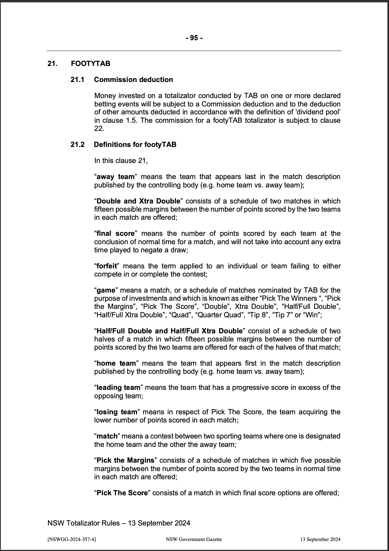 NSW Totalizator Betting Rules (Racing)