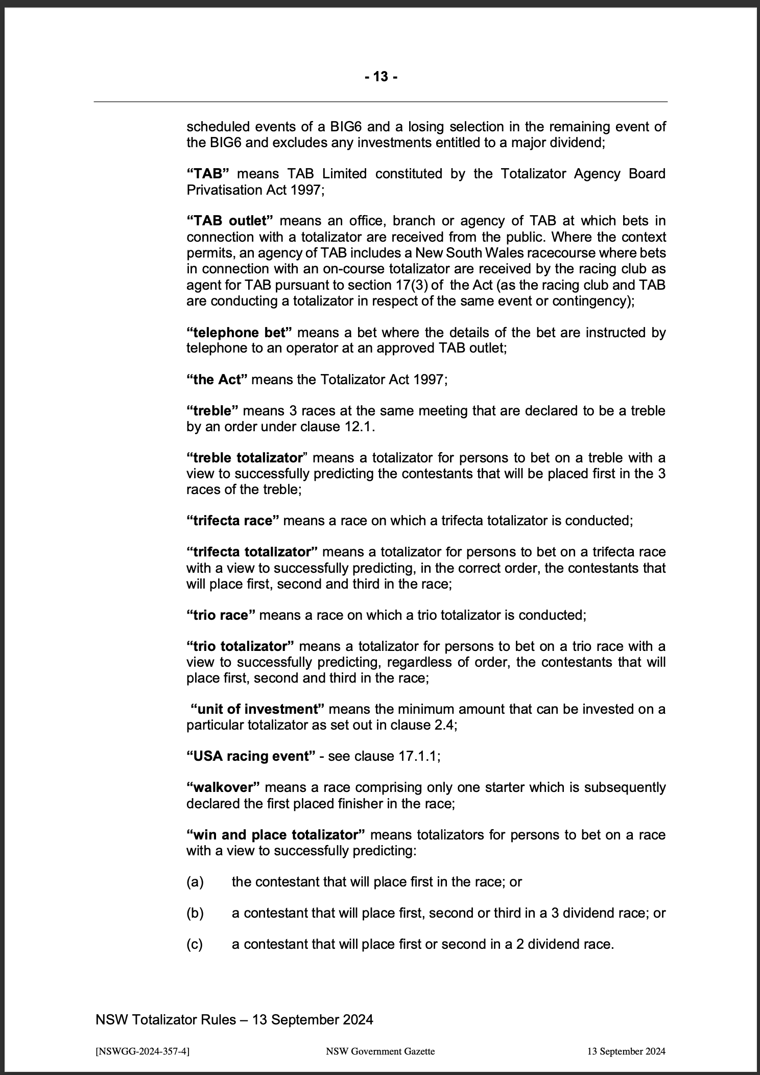 NSW Totalizator Betting Rules (Racing)