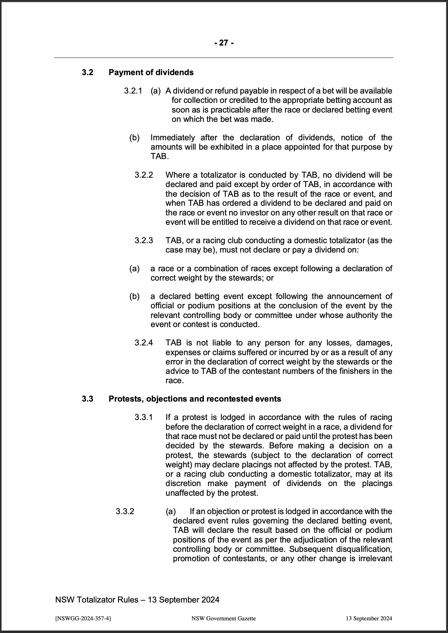 NSW Totalizator Betting Rules (Racing)