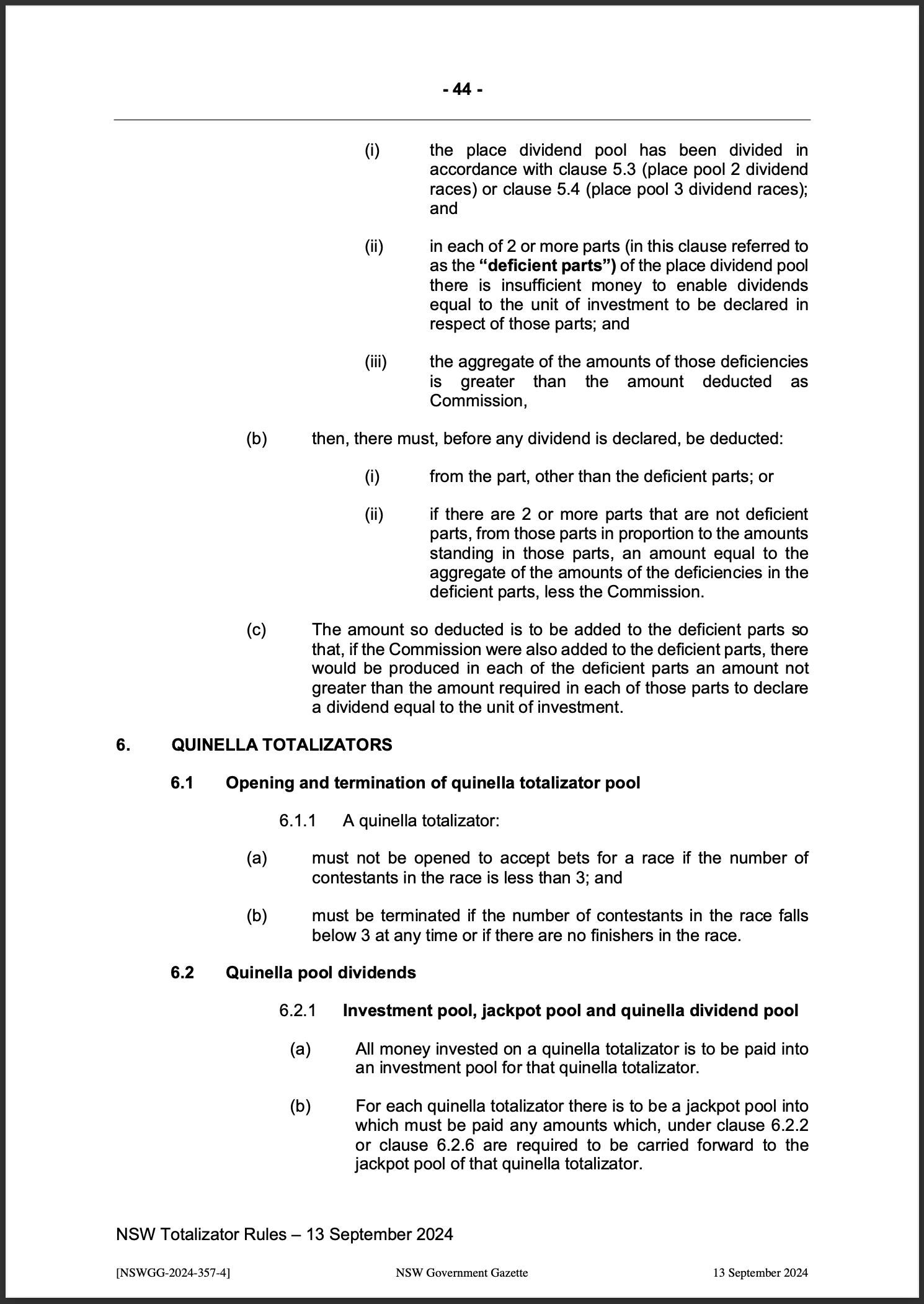NSW Totalizator Betting Rules (Racing)