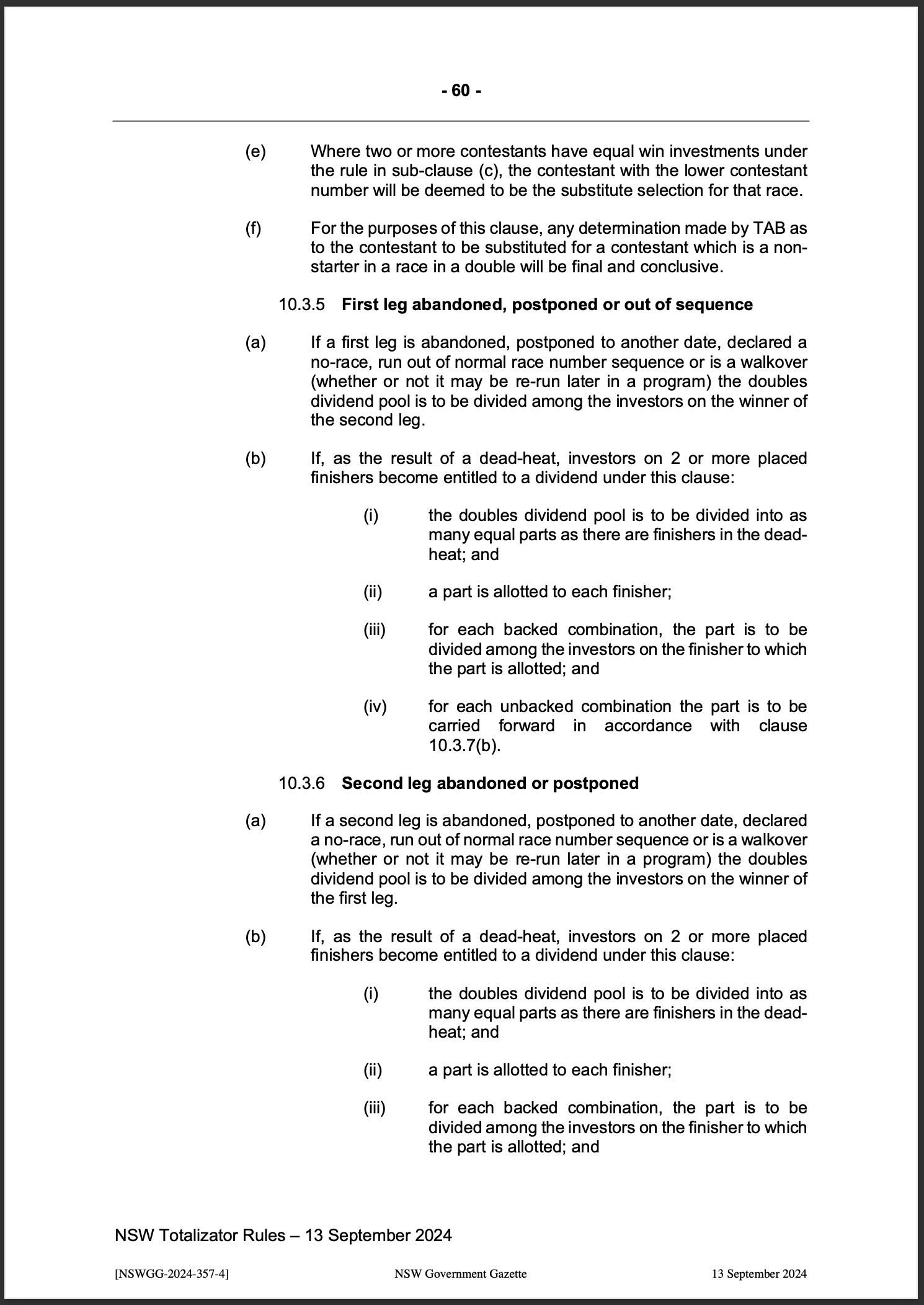 NSW Totalizator Betting Rules (Racing)