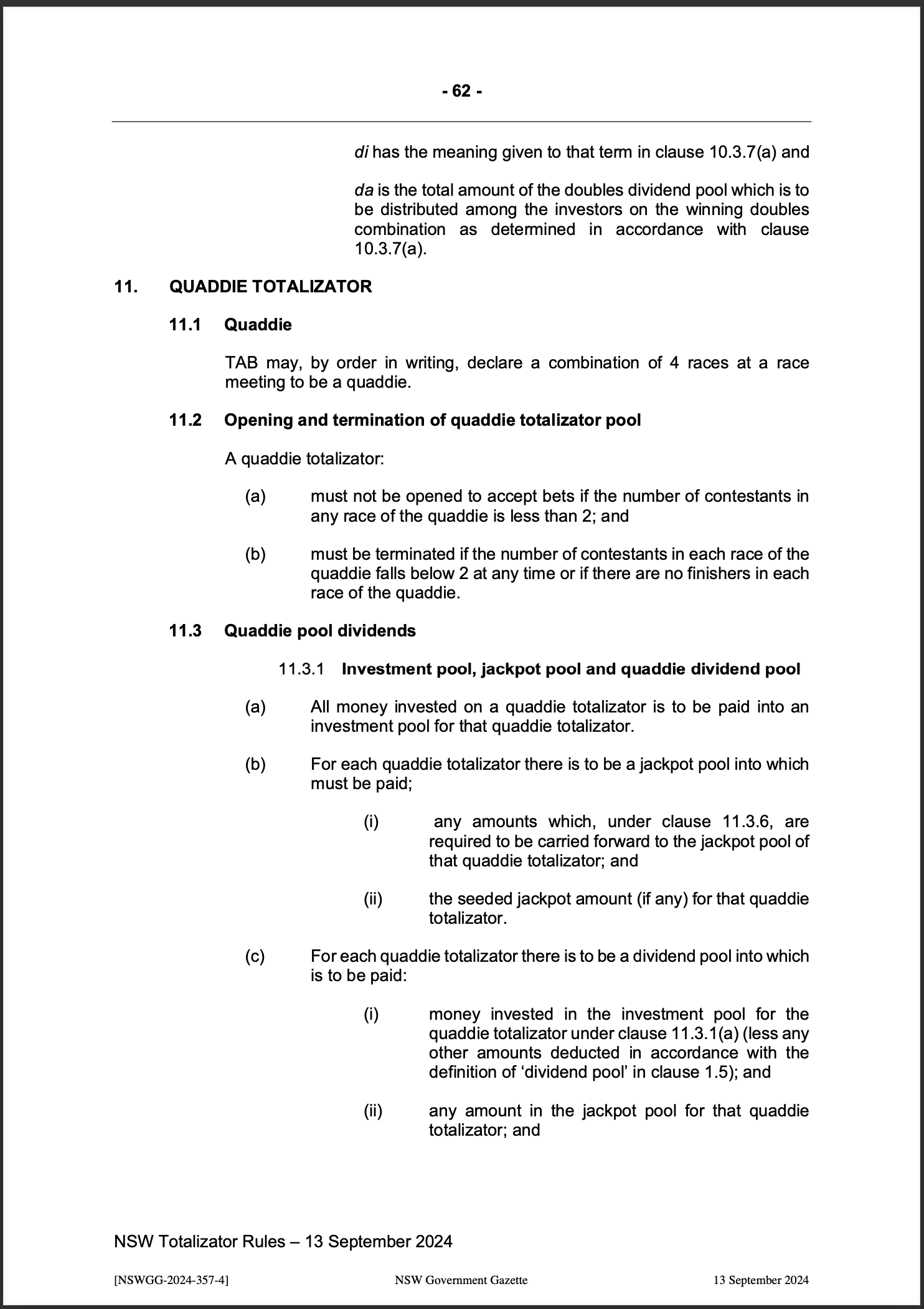 NSW Totalizator Betting Rules (Racing)